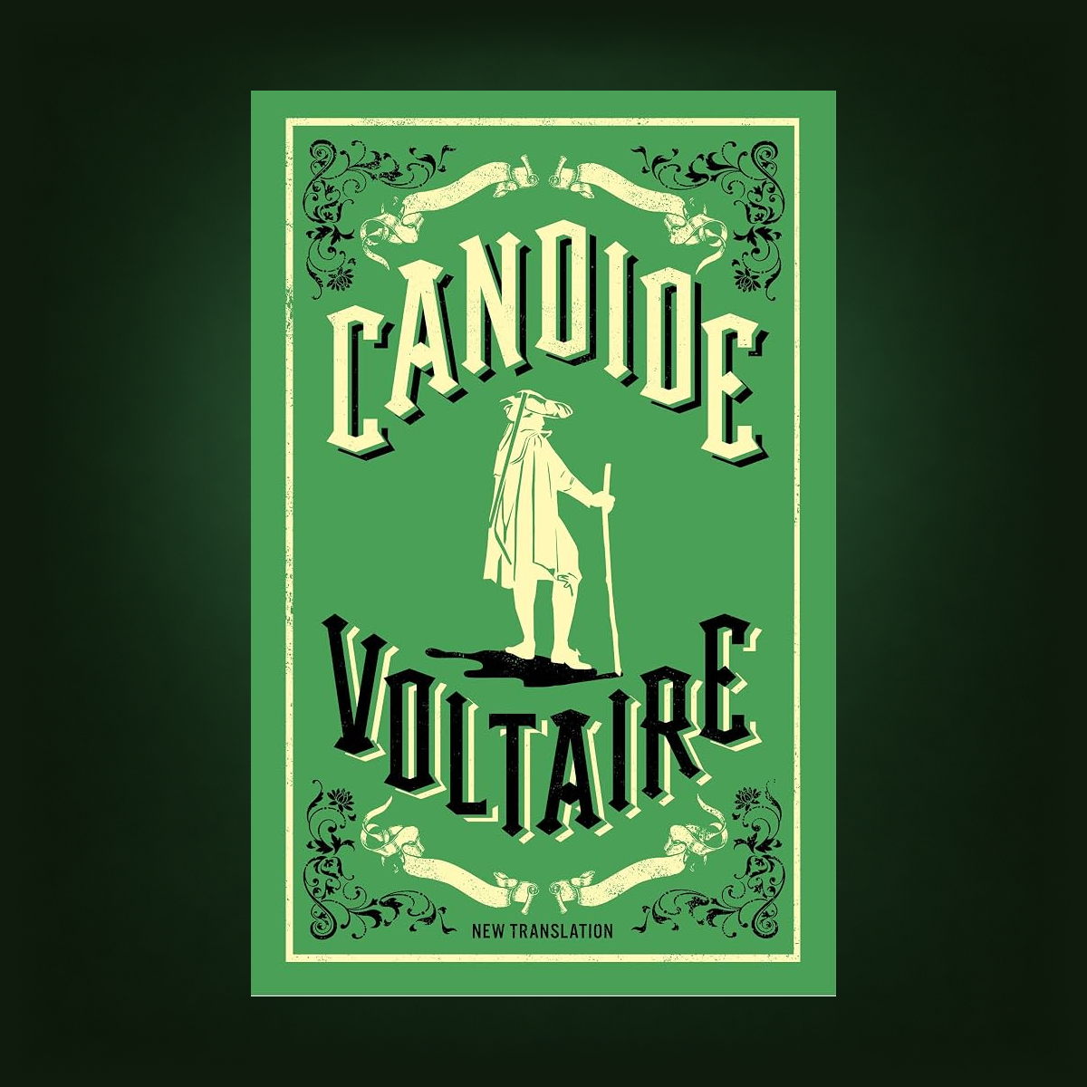 A vintage-style book cover or poster reading 'CANDIDE VOLTAIRE' with ornate decorative flourishes and a central figure holding a staff, shown against a dark green background.